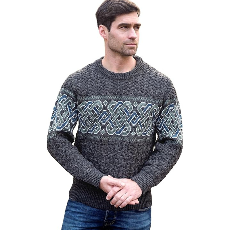 Irish Aran Jacquard Crew Neck Sweater  - Charcoal